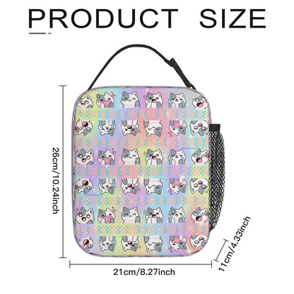 Portable Handheld Insulated Lunch Bag｜Oxford Cloth -Kawaii Cat, Anime Style, Cartoon, Emotions, Happy, Sad, Angry, Laughing, Pastel Rainbow Background (Designed by Dunbi)