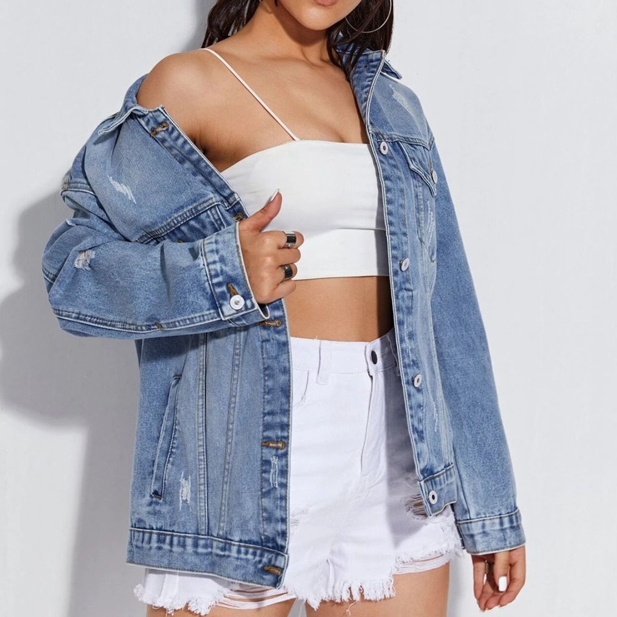 Collared Neck Button-Up Distressed Denim Jacket