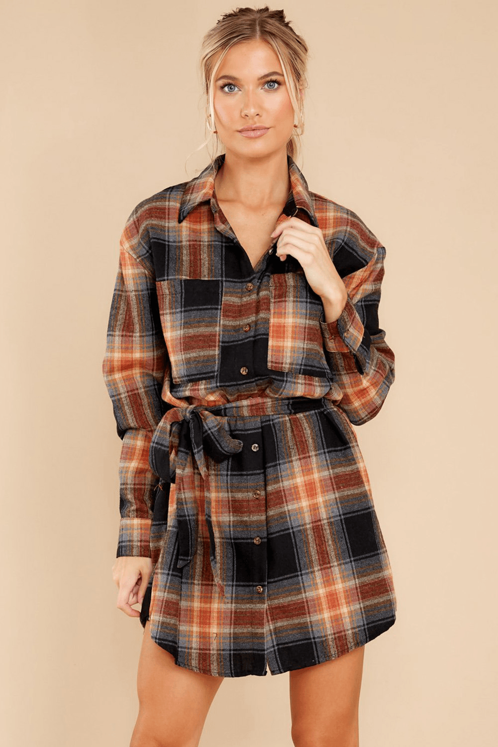 Plaid Chest Pocket Shirt Mini Dress With Belt Kiwidrop