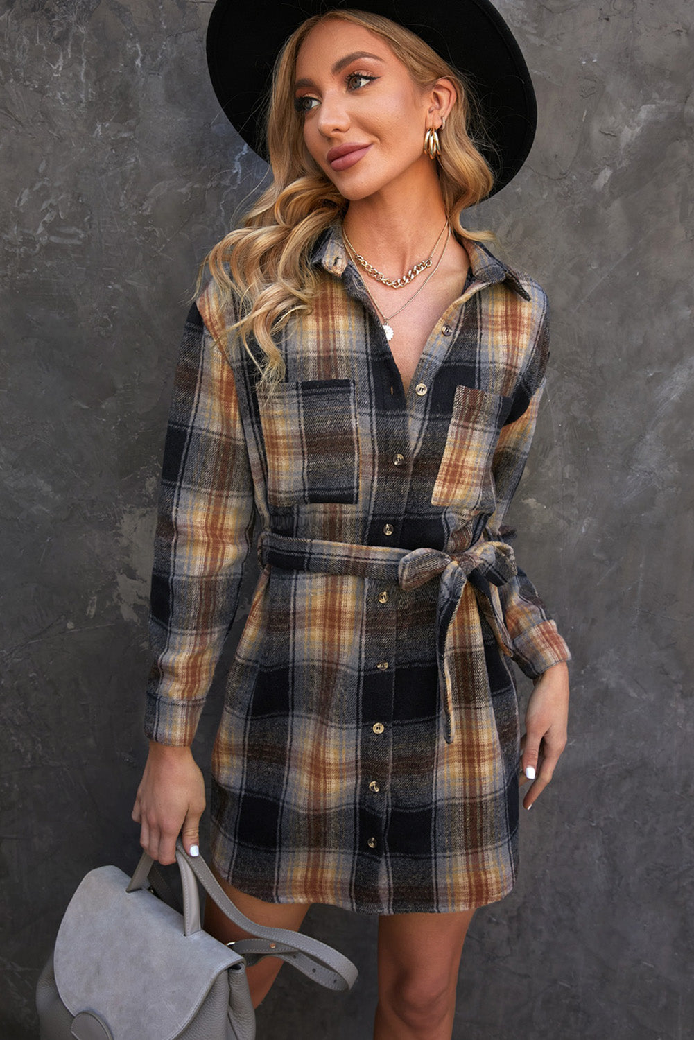 Plaid Tie Waist Button Down Shirt Dress Trendsi