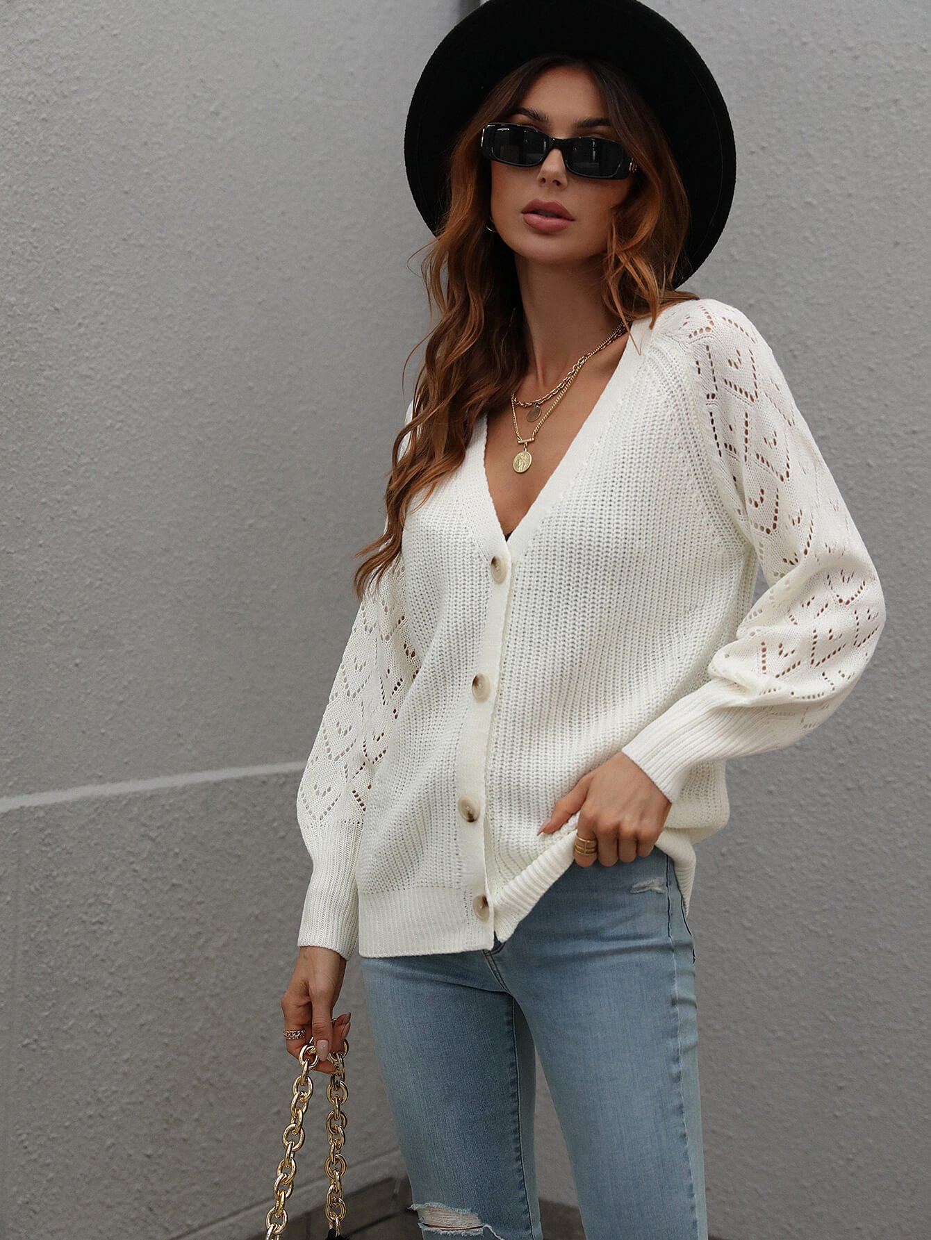 Rib-Knit Plunge Raglan Sleeve Cardigan Trendsi