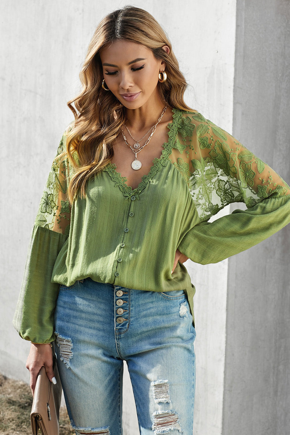 V Neckline Lace Shoulder Patchwork Blouse Kiwidrop