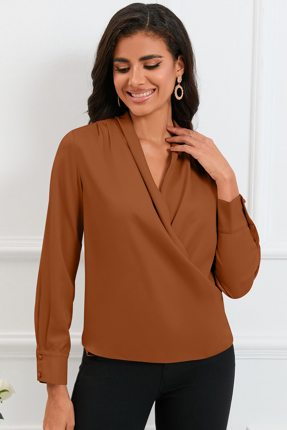 V-Neck Buttoned Long Sleeve Blouse