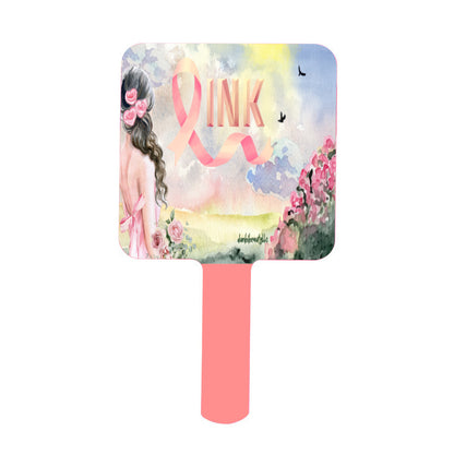 Handle Square Mirror｜Rubber -Pastel Pink, Breast Cancer Awareness, Open Field, Day, Birds, Flowers, Bows and Ribbons, Watercolor Sunlight (Designed by Dunbi)