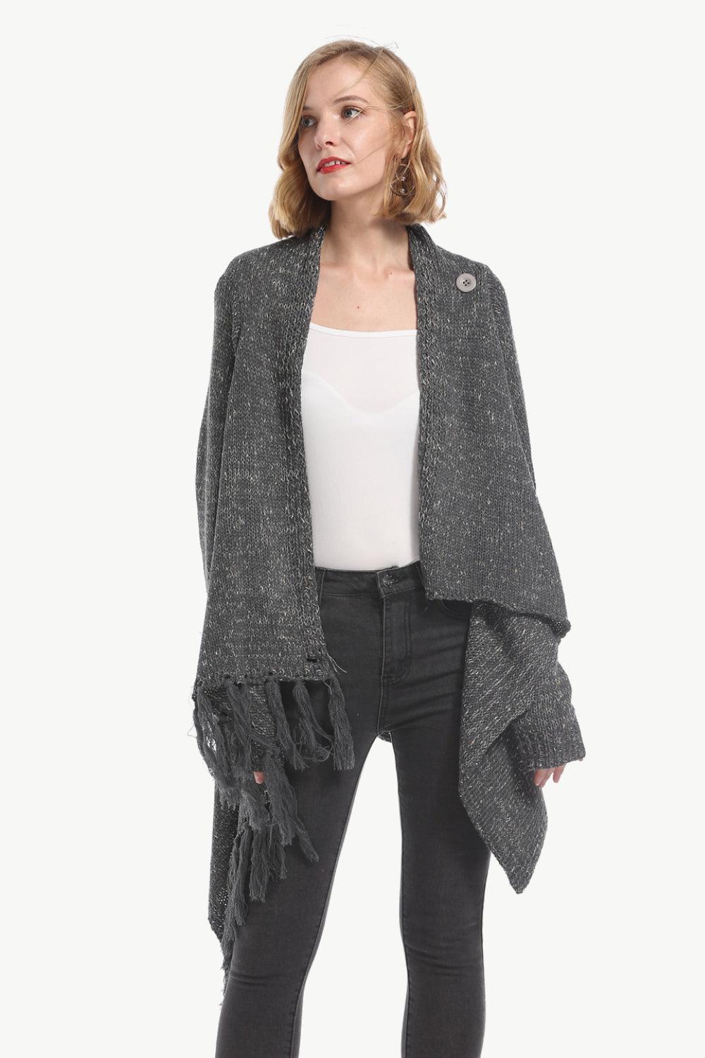 One-Button Tassel Tie Asymmetrical Hem Cardigan Trendsi