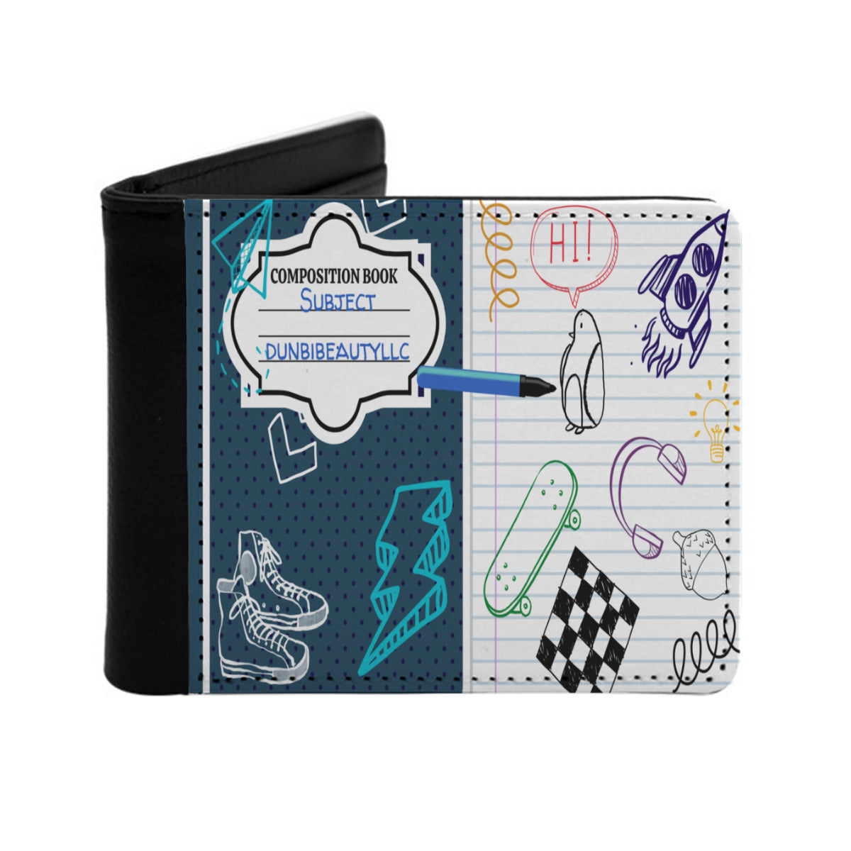 Customized Men's Wallet｜PU - Back to School, Composition Notebook Style, Doodles, Scribbles, Writing, Boy, Blue (Designed by Dunbi)