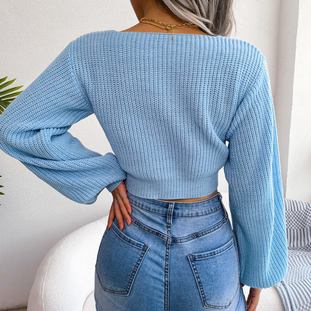 Tie-Front Rib-Knit Cropped Sweater Trendsi