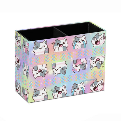 Retro Two-Compartment Pencil Holder｜PU -Kawaii Cat, Anime Style, Cartoon, Emotions, Happy, Sad, Angry, Laughing, Pastel Rainbow Background (Designed by Dunbi)