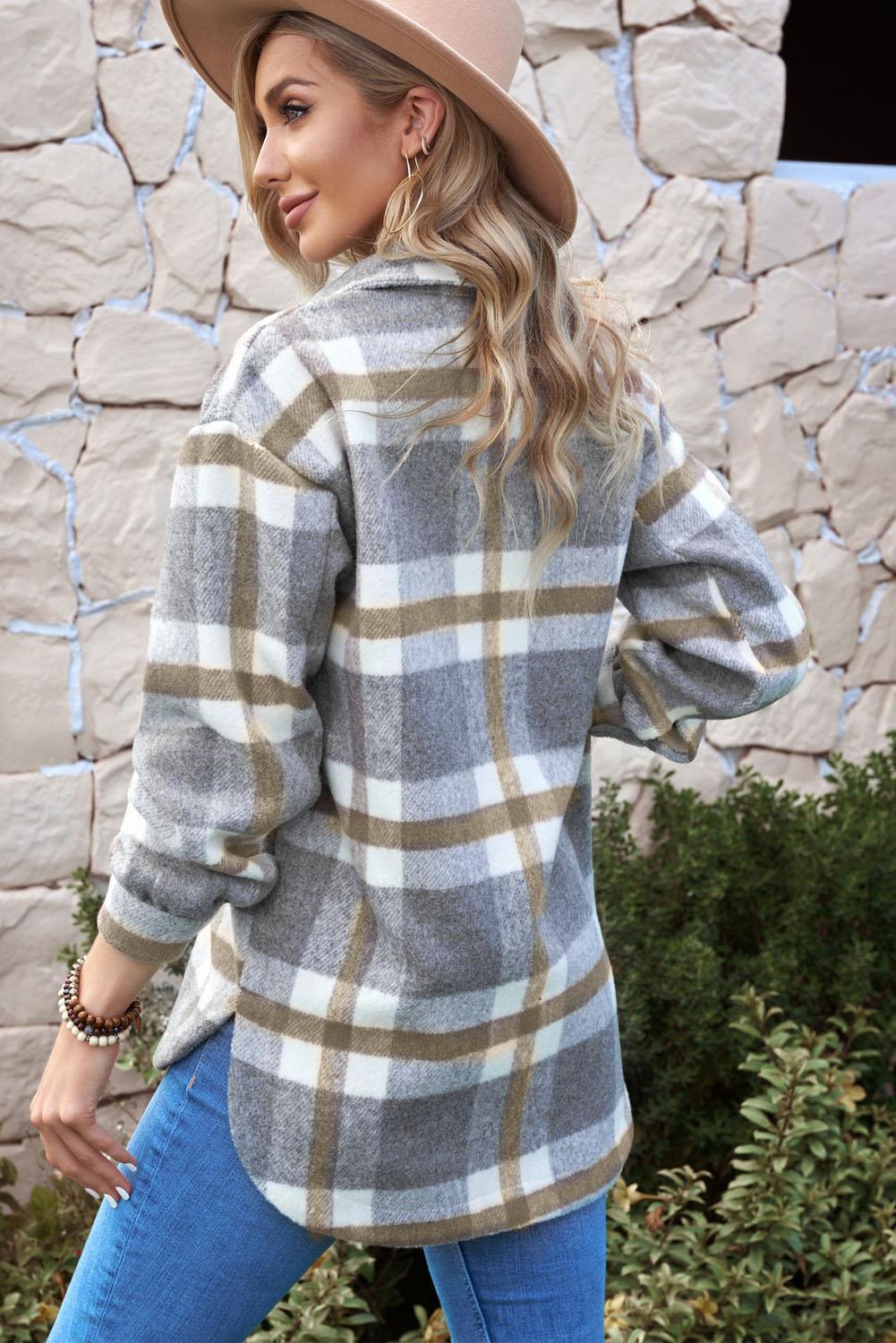 Plaid Dropped Shoulder Pocket Shacket Trendsi