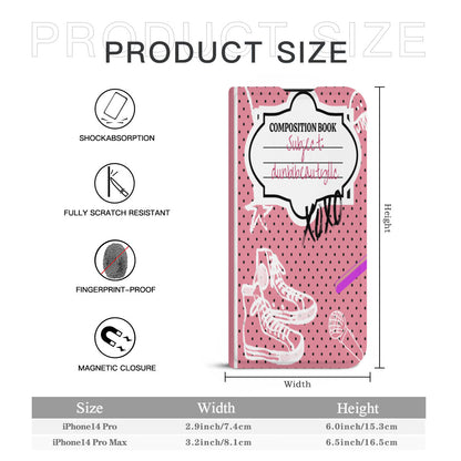 Phone14 Flip Phone Case (Triple Camera)｜ PU -Back to School, Composition Notebook Style, Doodles, Scribbles, Writing, Girl, Pink (Designed by Dunbi)