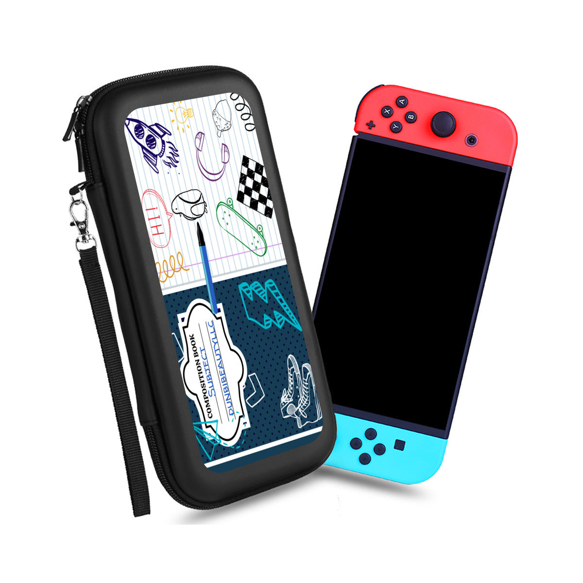 Nintendo Switch Storage Bag (Double-Sided Printing)｜Eva Material - Back to School, Composition Notebook Style, Doodles, Scribbles, Writing, Boy, Blue (Designed by Dunbi)