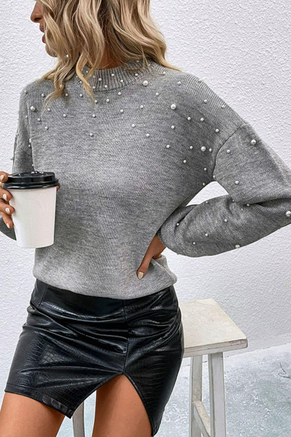 Pearl Dropped Shoulder Ribbed Trim Sweater Trendsi