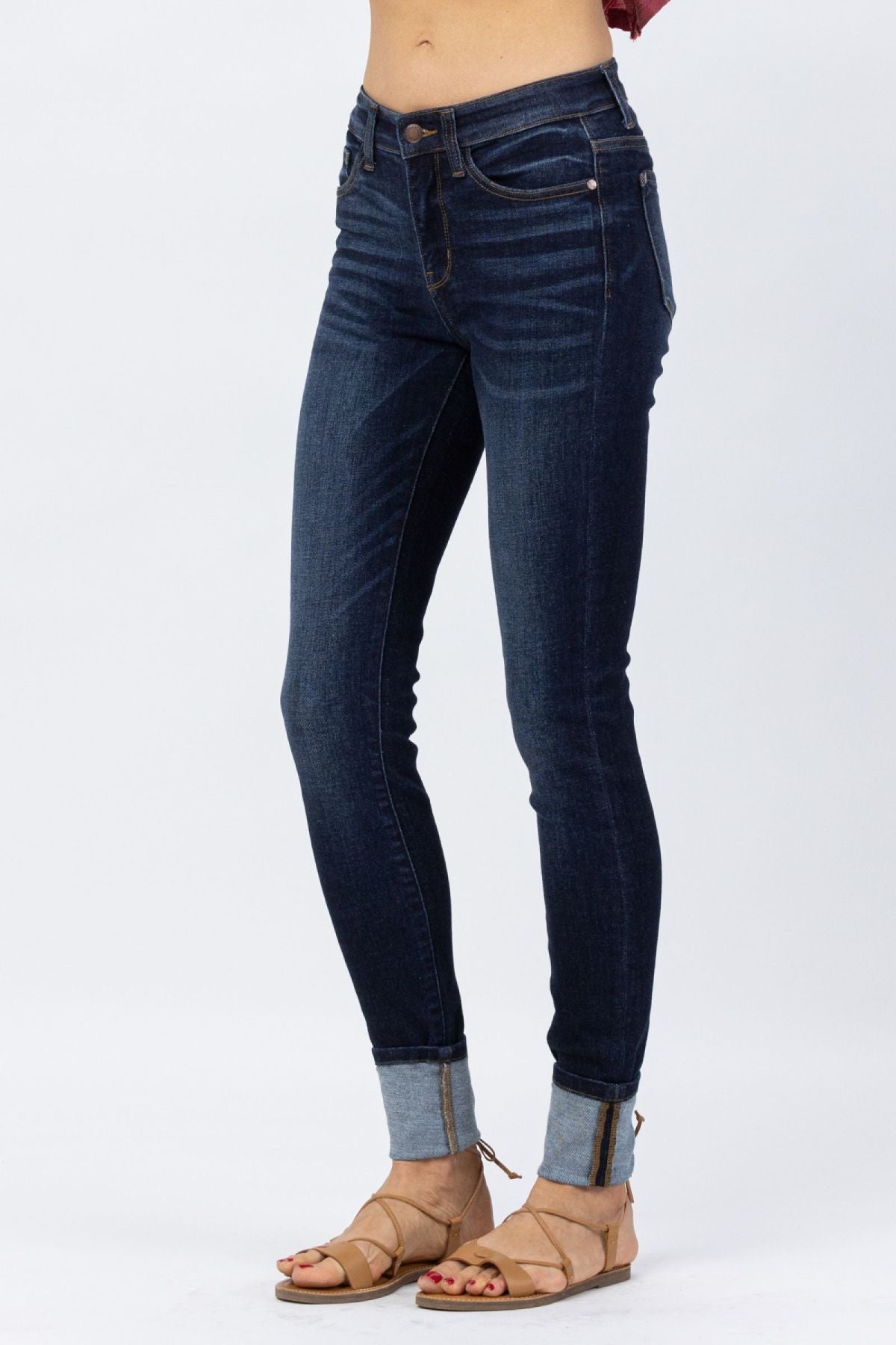 Dark Blue Cuffed Skinny Jeans By Judy Blue - DunbiBeauty, LLC