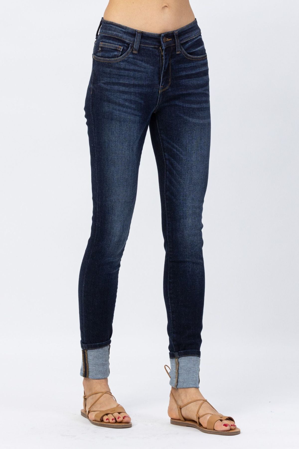 Dark Blue Cuffed Skinny Jeans By Judy Blue - DunbiBeauty, LLC