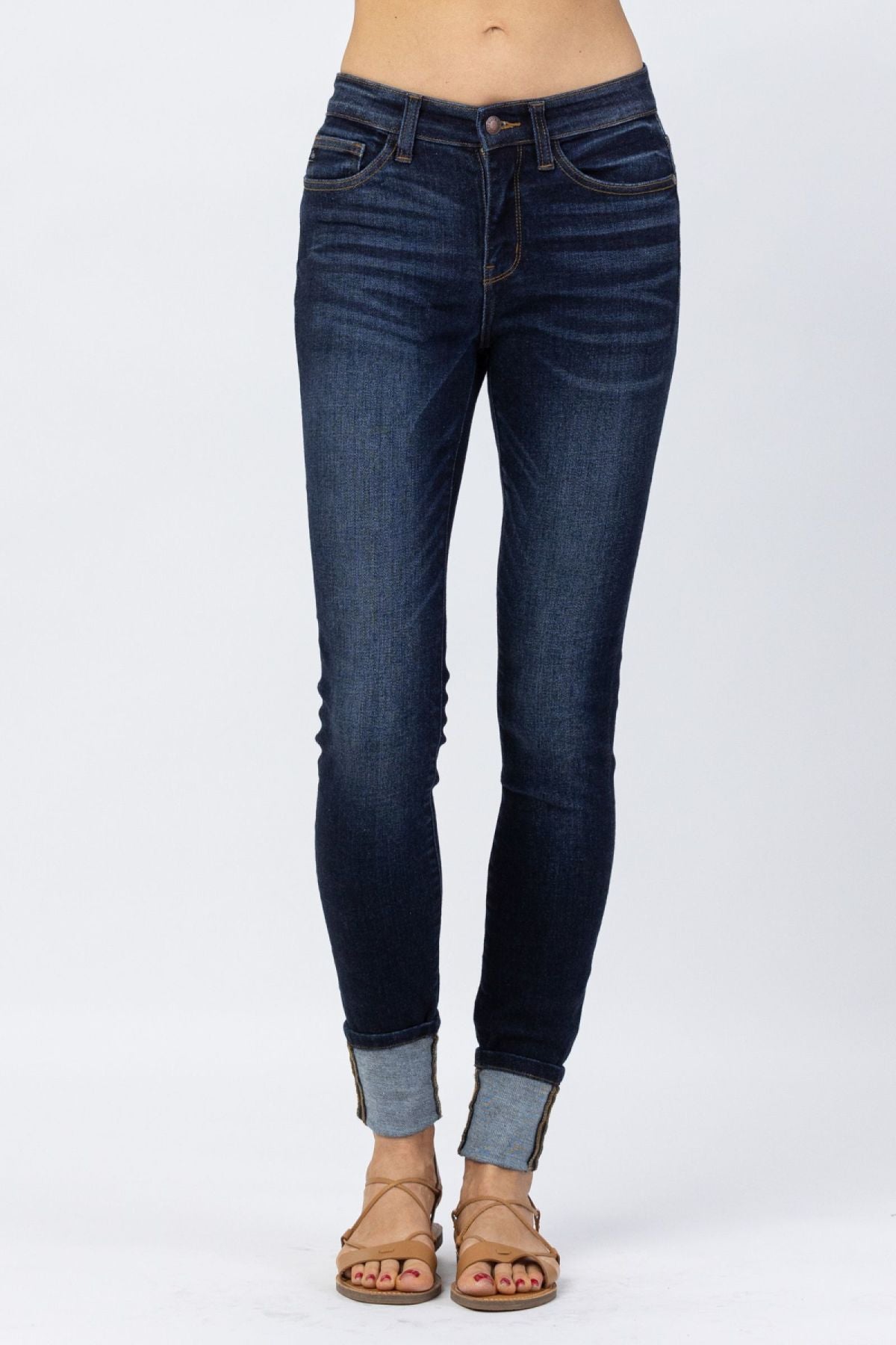 Dark Blue Cuffed Skinny Jeans By Judy Blue - DunbiBeauty, LLC