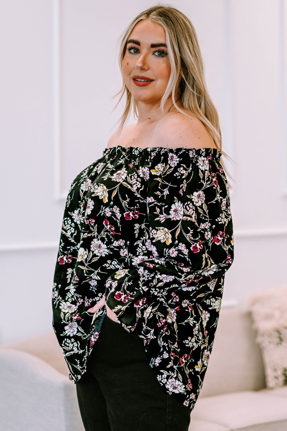 Plus Size Floral Frilled Off-Shoulder Blouse