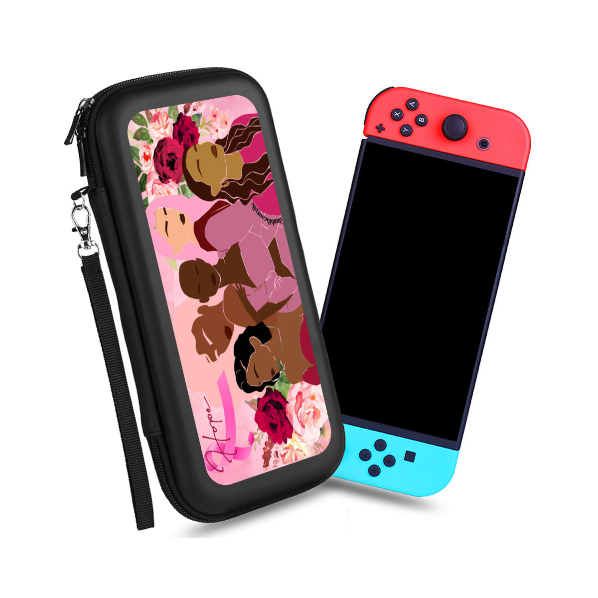 Nintendo Switch Storage Bag (Double-Sided Printing)｜Eva Material -Unity, Hope, Pink, Hot Pink, Burgundy, Roses, Breast Cancer Awareness, Women, Black, Hispanic, White, Hair, Smooth (Designed by Dunbi)