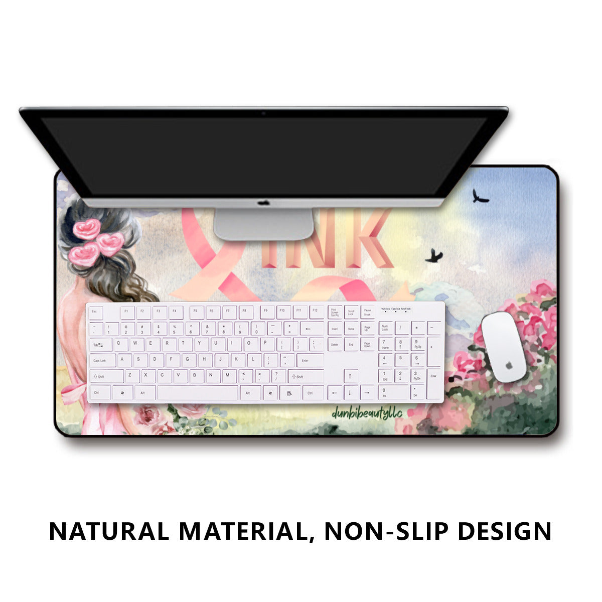 Black Lock Edge Mouse Pad (16×30inch)｜Polyester -Pastel Pink, Breast Cancer Awareness, Open Field, Day, Birds, Flowers, Bows and Ribbons, Watercolor Sunlight (Designed by Dunbi)