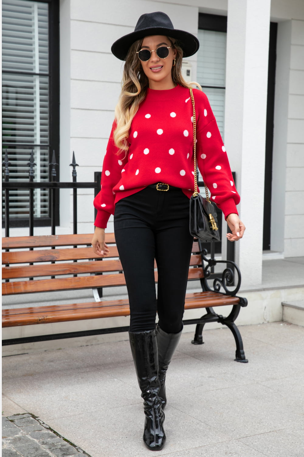 Polka Dot Round Neck Dropped Shoulder Sweater