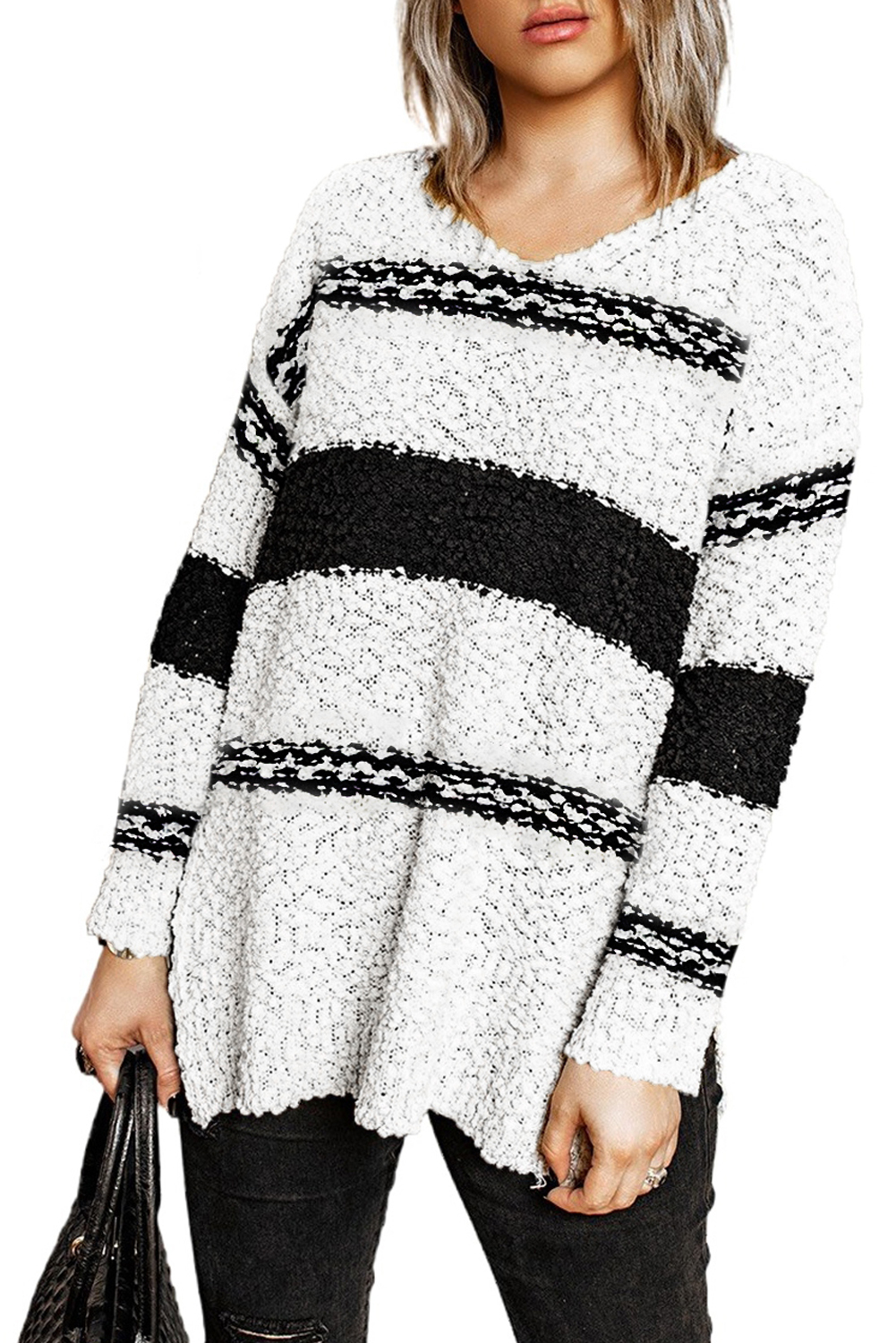 Striped Colorblock V Neck Long Sleeve Knitted Sweater Kiwidrop