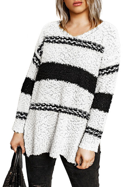 Striped Colorblock V Neck Long Sleeve Knitted Sweater Kiwidrop