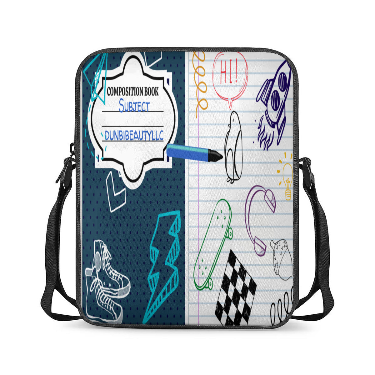 Casual And Versatile Satchel｜Polyester - Back to School, Composition Notebook Style, Doodles, Scribbles, Writing, Boy, Blue (Designed by Dunbi)