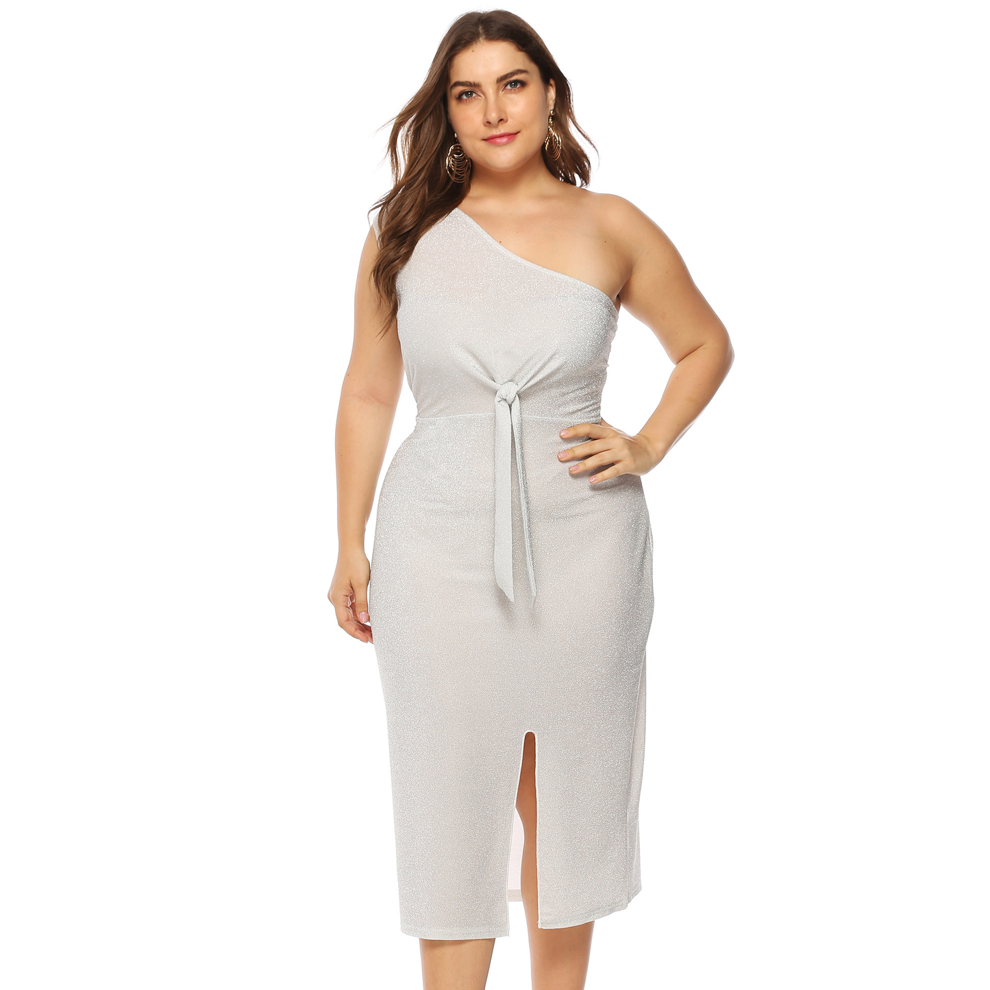 Plus Size Off-The-Shoulder Knotted Slit Dress Kiwidrop