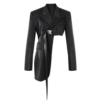 Slim Asymmetric Wide Shoulder Blazer With Belt Kiwidrop