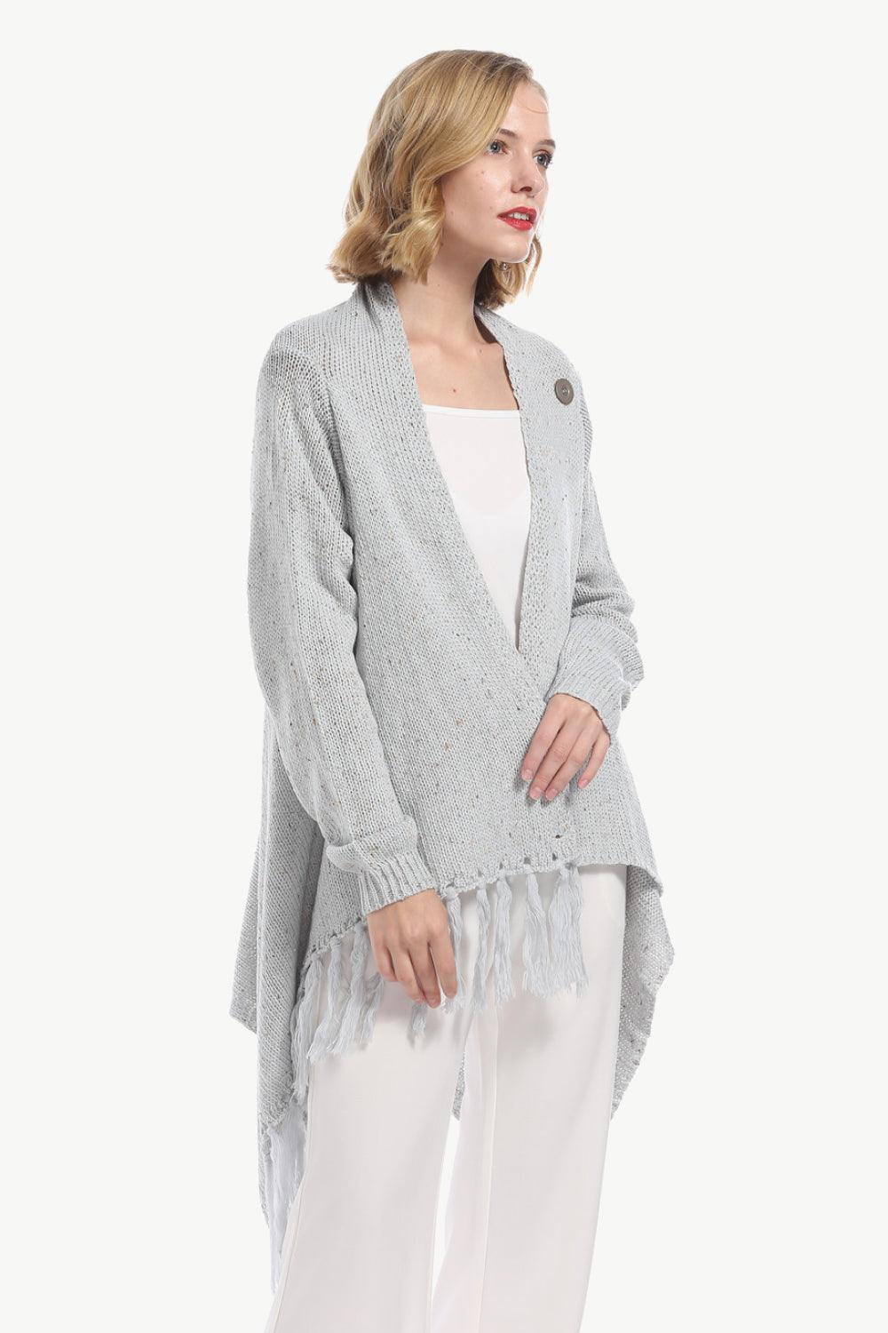 One-Button Tassel Tie Asymmetrical Hem Cardigan Trendsi