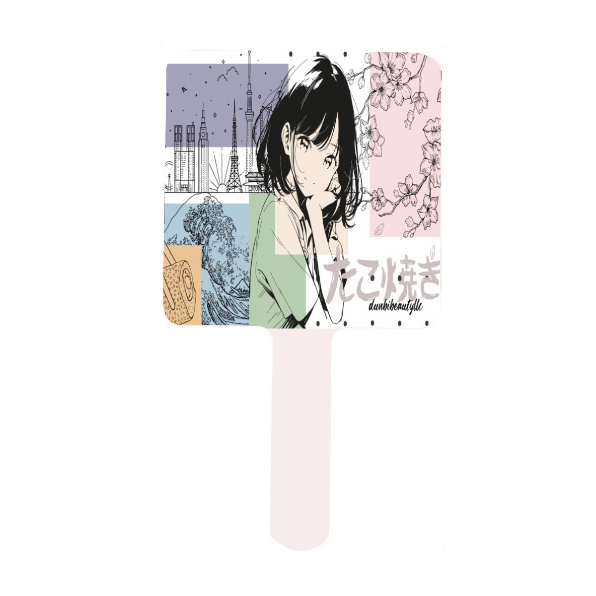 Handle Square Mirror｜Rubber -Japanese, Japan, Girl, Kawaii, Cute, Anime, Manga Style, Peace, Sushi, Tokyo, Cherry Blossoms (Designed by Dunbi)