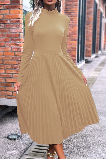 Ruffle Collar Pleated Long Sleeve Dress