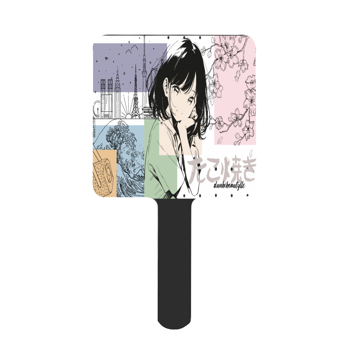 Handle Square Mirror｜Rubber -Japanese, Japan, Girl, Kawaii, Cute, Anime, Manga Style, Peace, Sushi, Tokyo, Cherry Blossoms (Designed by Dunbi)