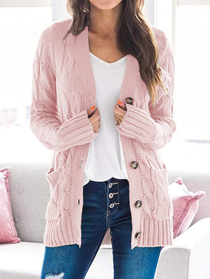 Cable-Knit Buttoned Cardigan with Pockets