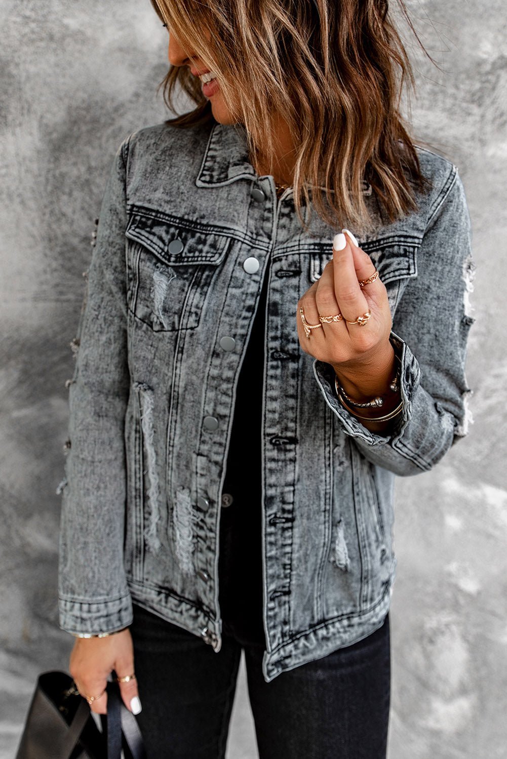 Distressed Buttons Washed Denim Jacket - DunbiBeauty, LLC