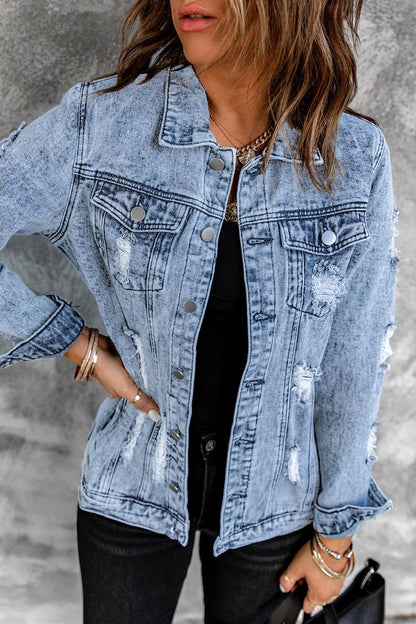 Distressed Buttons Washed Denim Jacket - DunbiBeauty, LLC