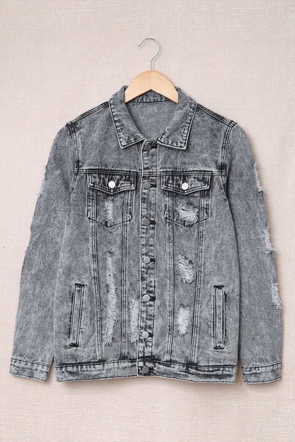 Distressed Buttons Washed Denim Jacket - DunbiBeauty, LLC