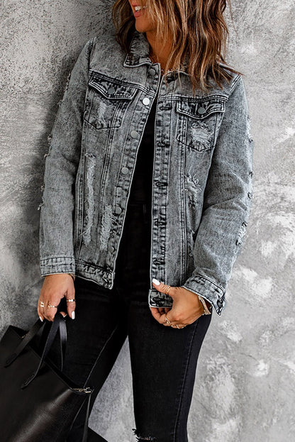 Distressed Buttons Washed Denim Jacket - DunbiBeauty, LLC