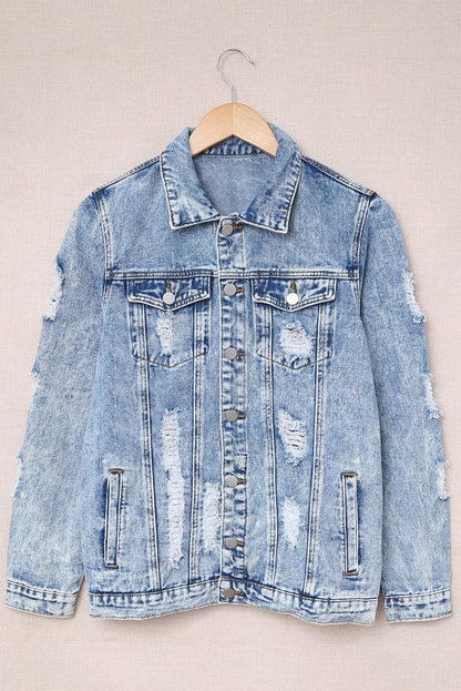 Distressed Buttons Washed Denim Jacket - DunbiBeauty, LLC