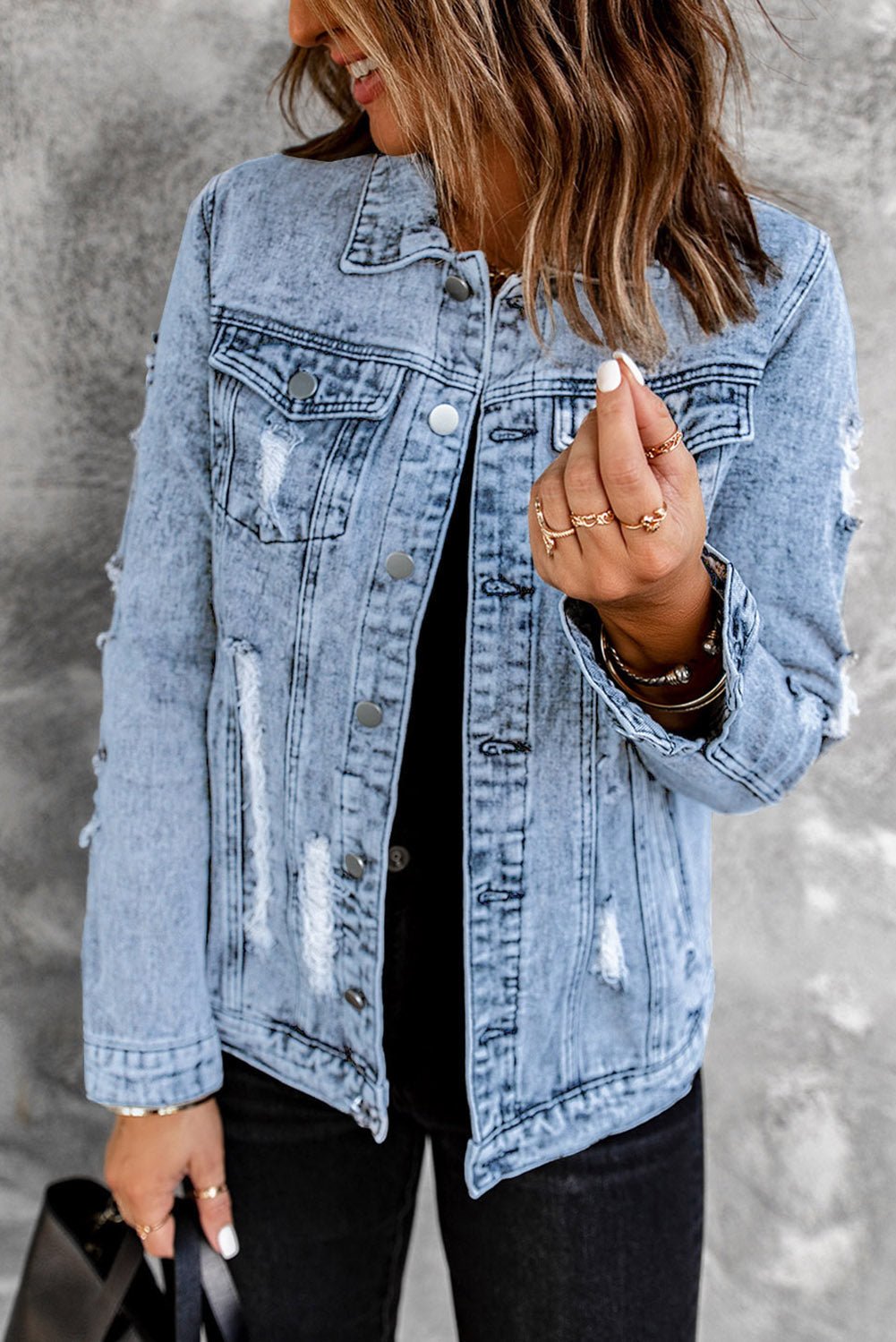 Distressed Buttons Washed Denim Jacket - DunbiBeauty, LLC