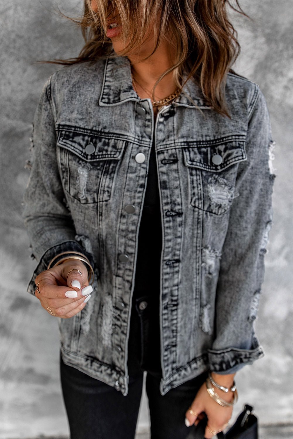 Distressed Buttons Washed Denim Jacket - DunbiBeauty, LLC