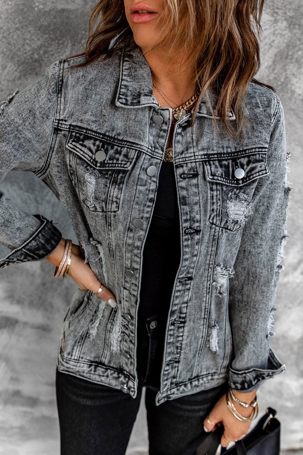 Distressed Buttons Washed Denim Jacket - DunbiBeauty, LLC