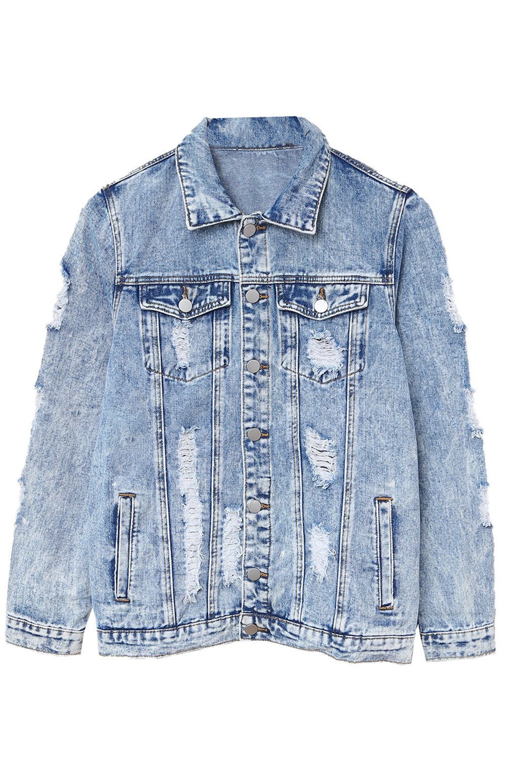 Distressed Buttons Washed Denim Jacket - DunbiBeauty, LLC