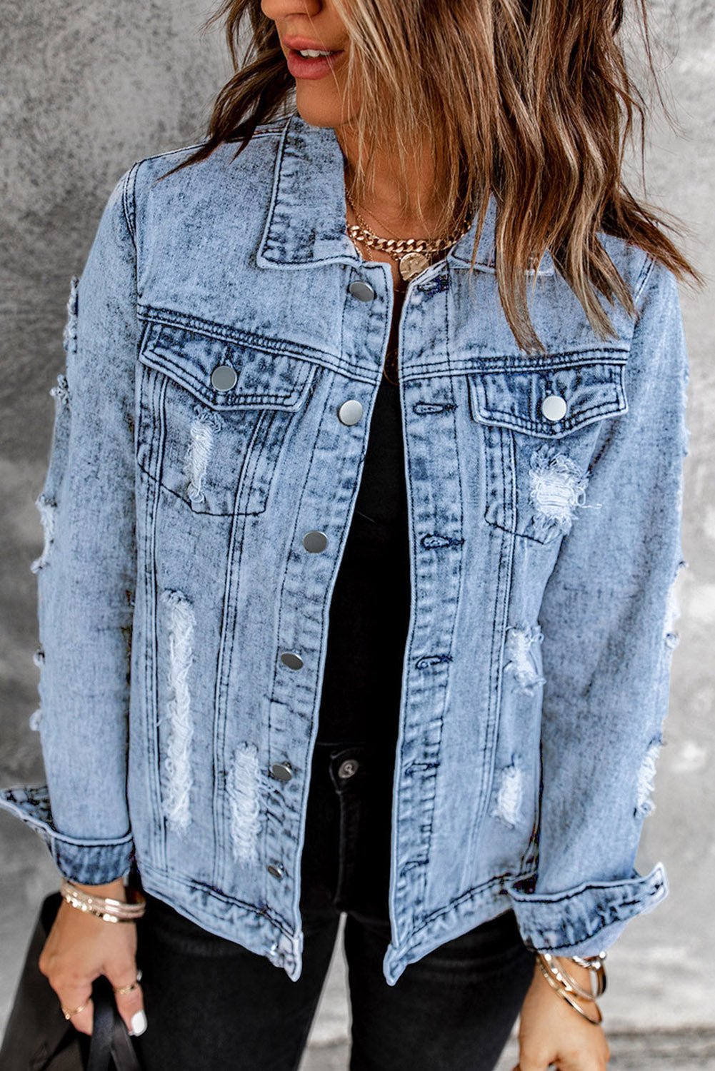 Distressed Buttons Washed Denim Jacket - DunbiBeauty, LLC