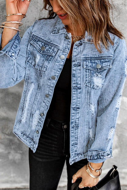 Distressed Buttons Washed Denim Jacket - DunbiBeauty, LLC