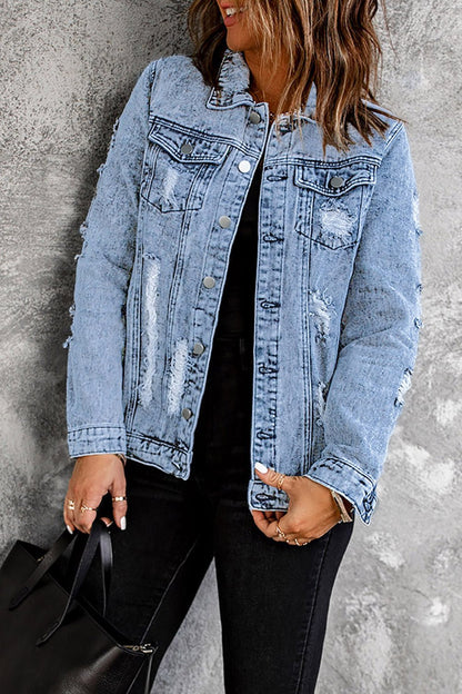 Distressed Buttons Washed Denim Jacket - DunbiBeauty, LLC