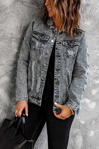 Distressed Buttons Washed Denim Jacket - DunbiBeauty, LLC