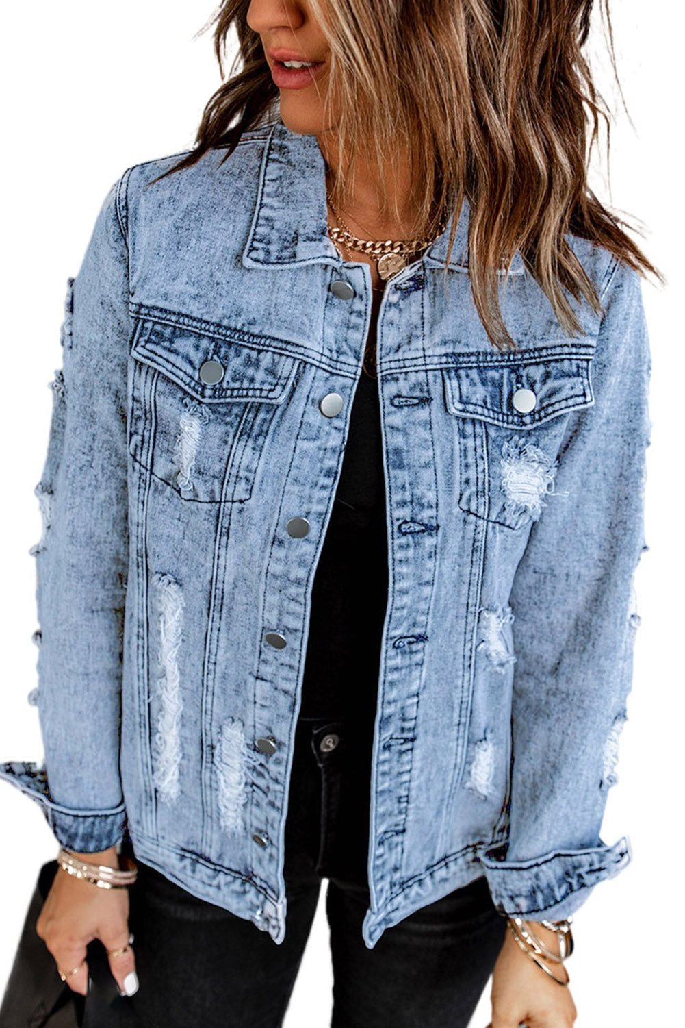 Distressed Buttons Washed Denim Jacket - DunbiBeauty, LLC