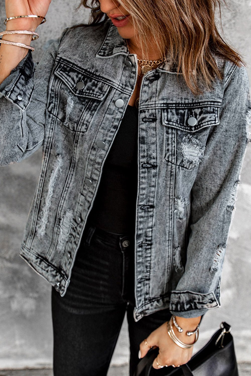 Distressed Buttons Washed Denim Jacket - DunbiBeauty, LLC