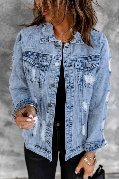 Distressed Buttons Washed Denim Jacket - DunbiBeauty, LLC