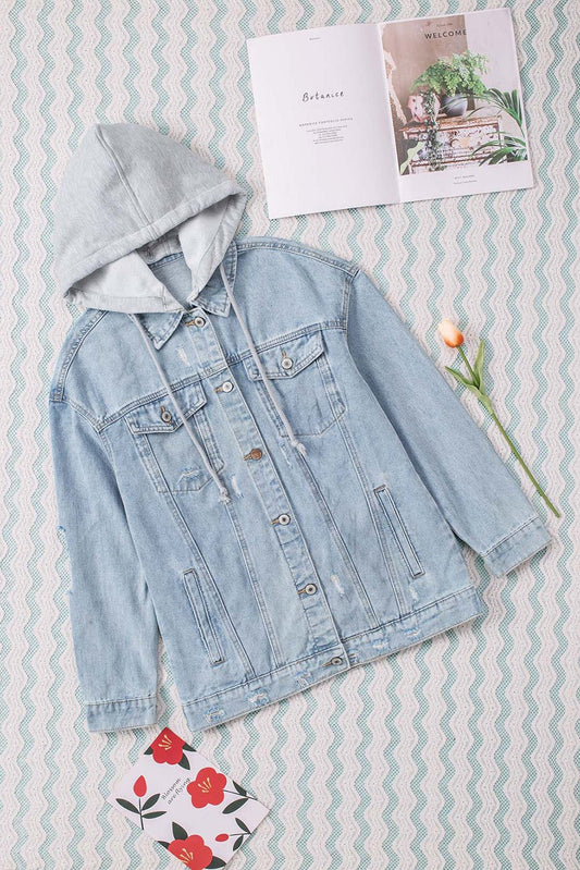 Distressed Hooded Denim Jacket - DunbiBeauty, LLC